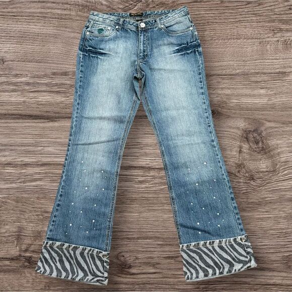 Rockawear Blue Flare Jeans Studded Legs and Zebra Cuffs Women’s Size 11 - Picture 1 of 8
